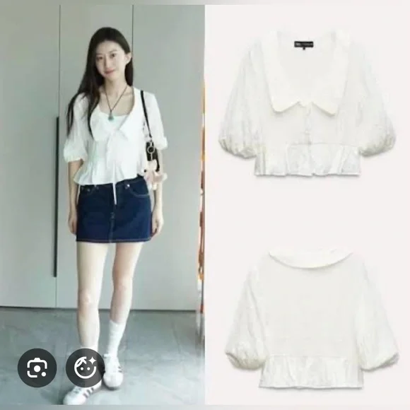 NWT ZARA Voluminous Peter Pan Collar Jacquard Shirt Blouse XS - Picture 2 of 7